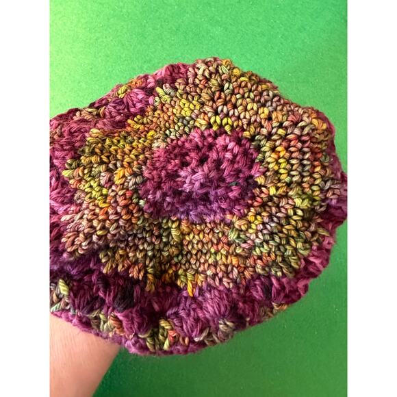 Hand crocheted purple green gold brown beanie hat main image 2